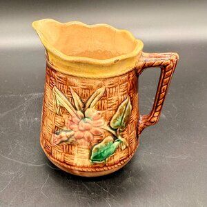 Antique 19th C. Majolica Pottery Creamer Pitcher Basket Weave Floral English